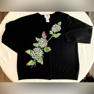 Quacker Factory 1X Black Long-Sleeve Cardigan w/Sequined Lilacs & Butterfly
